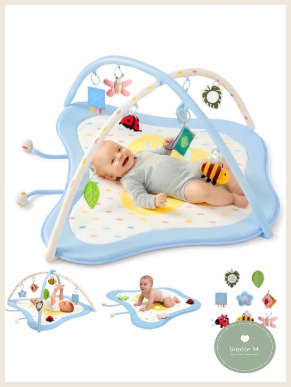 Montessori Baby Play Gym Activity Mat with 8 Sensory Toys Tummy Time